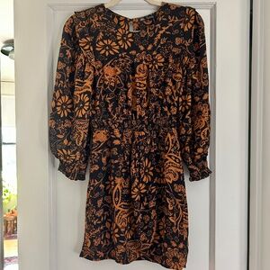 Zara Floral Paisley Ruffle Gathered Waist Mini Dress Black Orange Size Small